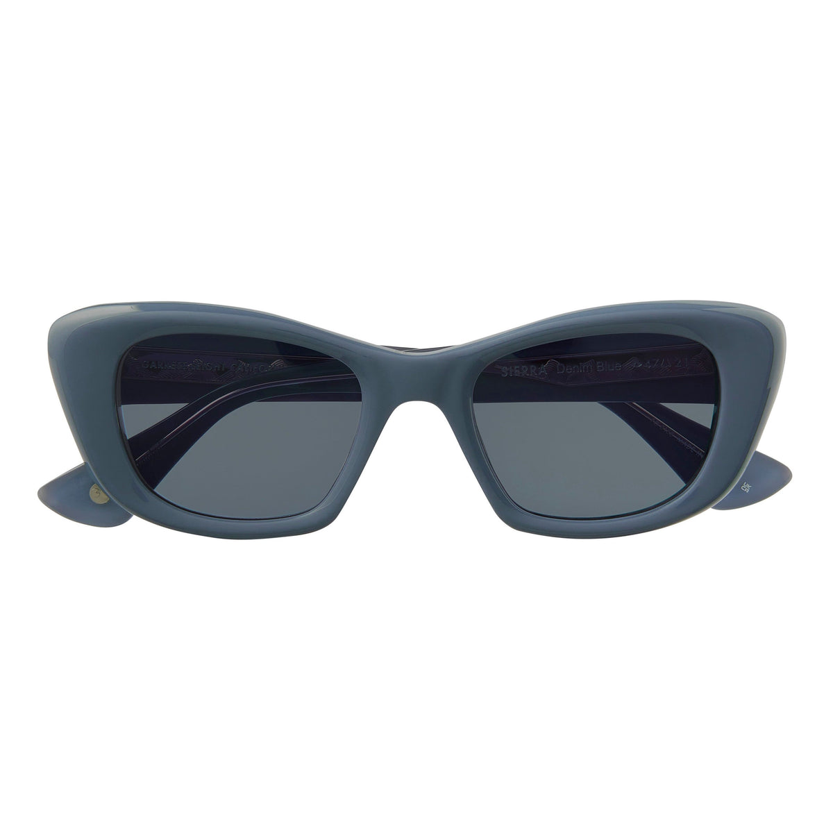 Garrett Leight Sierra 47 in Denim Blue with Blue Smoke lenses, folded front view