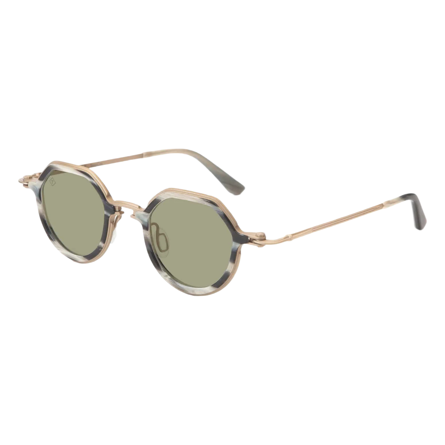 Round sunglasses with gold frame and green lenses on a white background