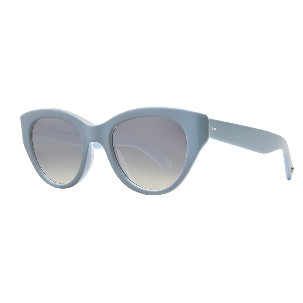 Garrett Leight Dottie 49 in Powder Blue with Semi-Flat Fog Gradient lenses, three-quarter view