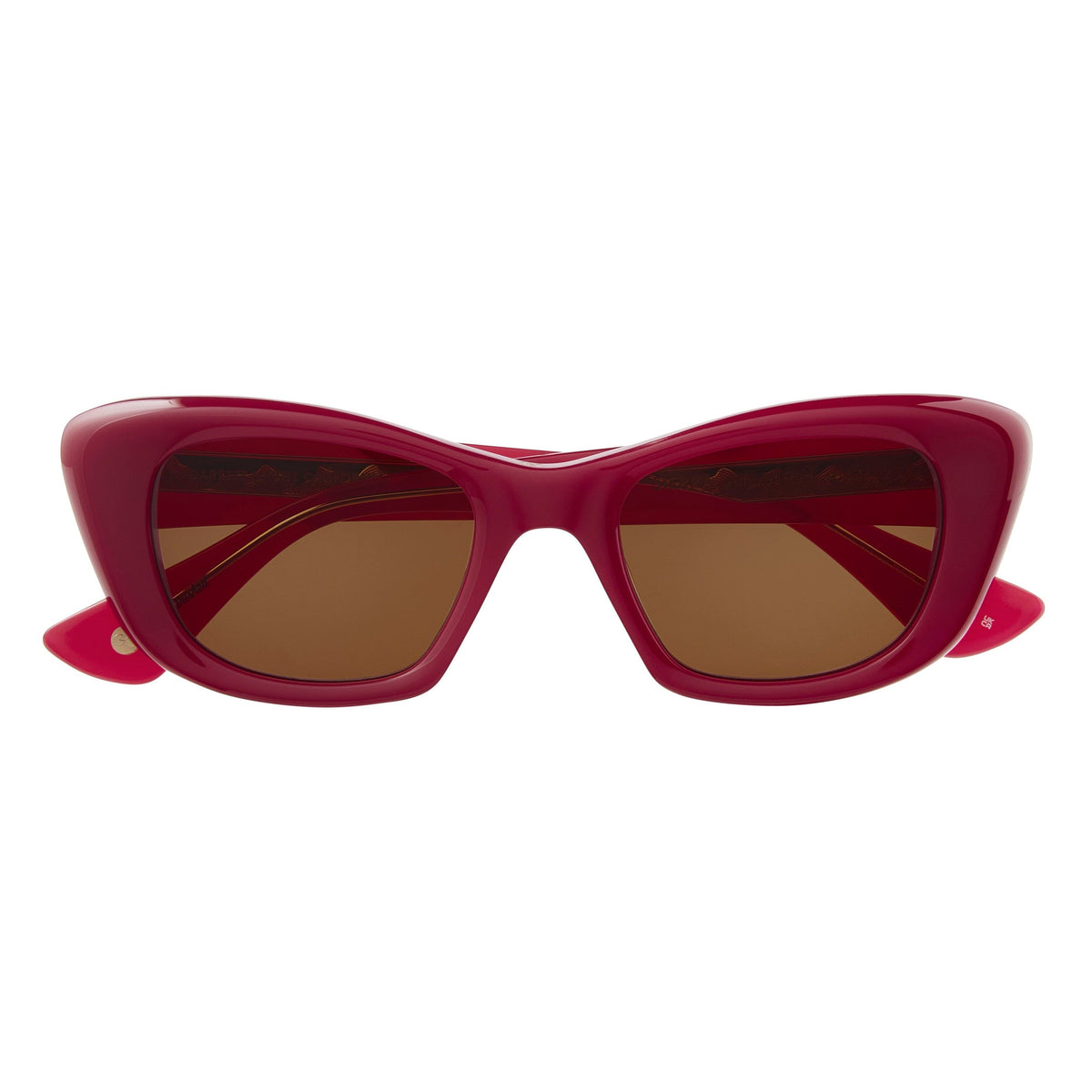 Garrett Leight Sierra 47 in Amulet Red with Oak lenses, folded front view