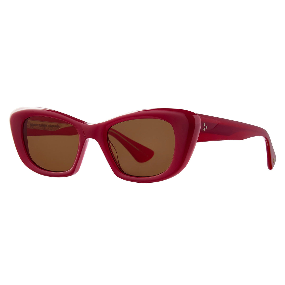 Garrett Leight Sierra 47 in Amulet Red with Oak lenses, three-quarter view